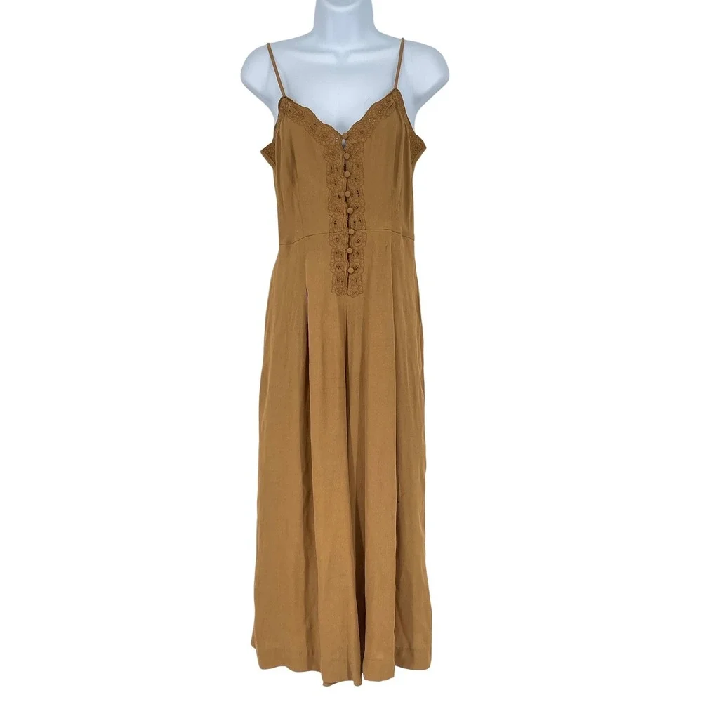 Free People Eileen Jumpsuit Wide Leg Lace Trim Tan Size 0 Boho Coastal Neutral‎